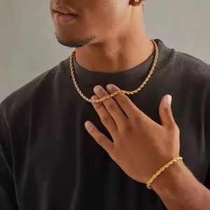 Men's 18K Stainless Steel Twisted Rope Chain Necklace & Bracelet Set Minimalist Solid Color Hip-Hop Fashion Jewelry Versatile Accessories Elegant Gift for Festivals Holidays