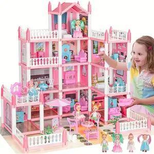 Girls Dollhouse Role Play DIY Dollhouse Set, Four-Layer 11 House Dollhouse Kit with 4 Dolls, Furniture & Accessories, Gift Toy for Girls 6-10, Kitchen Pretend Play Set