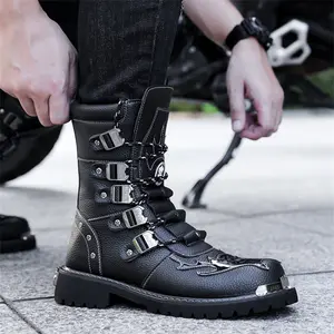 UYCEKK Boots Men's black metal buckle plus-size motorcycle boots, high-top lacing design, wear-resistant and anti-slip soles, daily street wear, motorcycle style, punk outfit cowboy boots