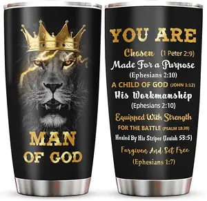 Man of God Tumbler – Christian Lion King Crown Design Stainless Steel Cup 20oz, Bible Verse Inspirational Gift for Men, Religious Coffee Travel Mug, Birthday or Christmas Gift for Husband, Dad, Pastor, Faith Drinkware