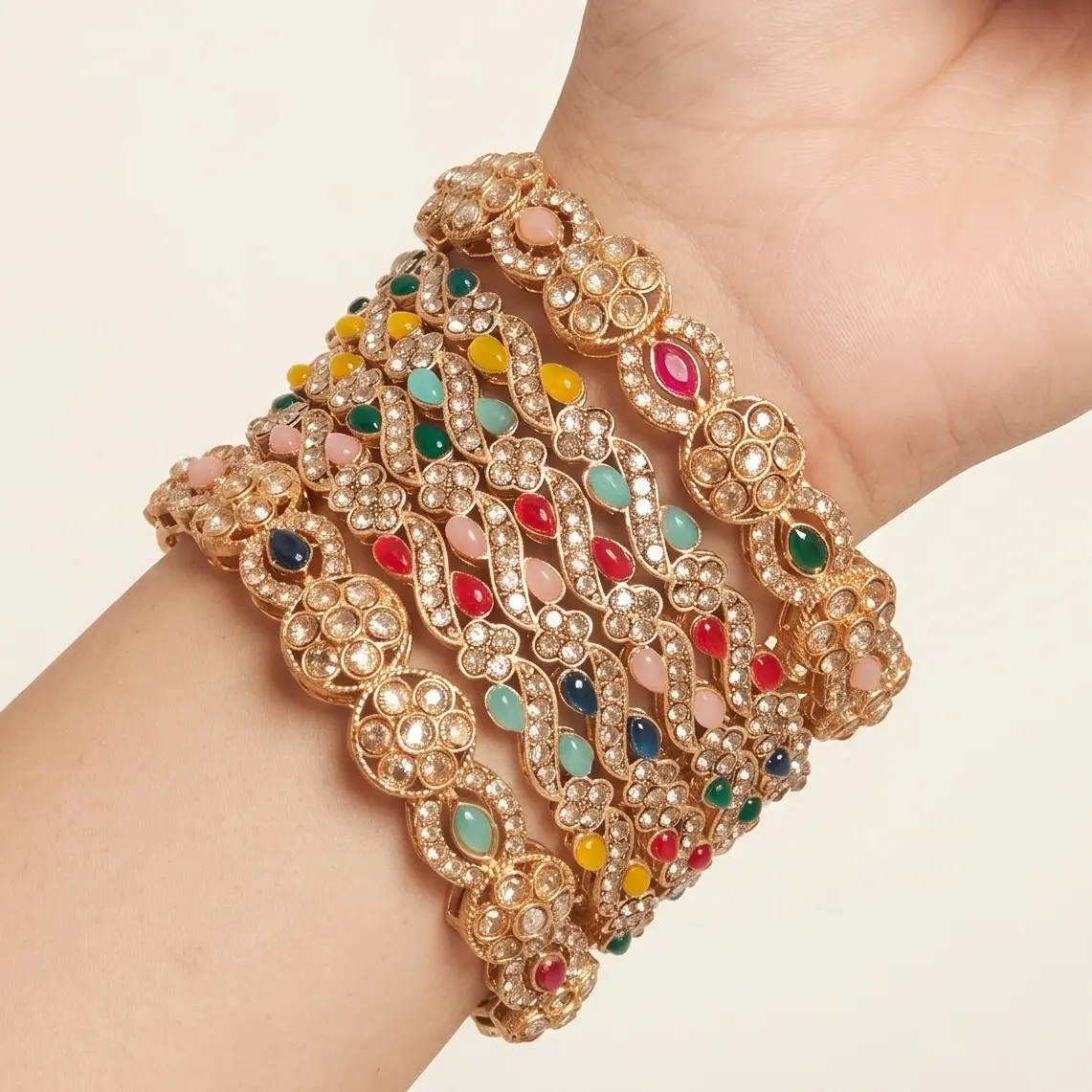 6 Pcs Multicolor Stone Bangles Set | Pearl Meenakari Kada | Indian Wedding & Party Jewelry sohochic