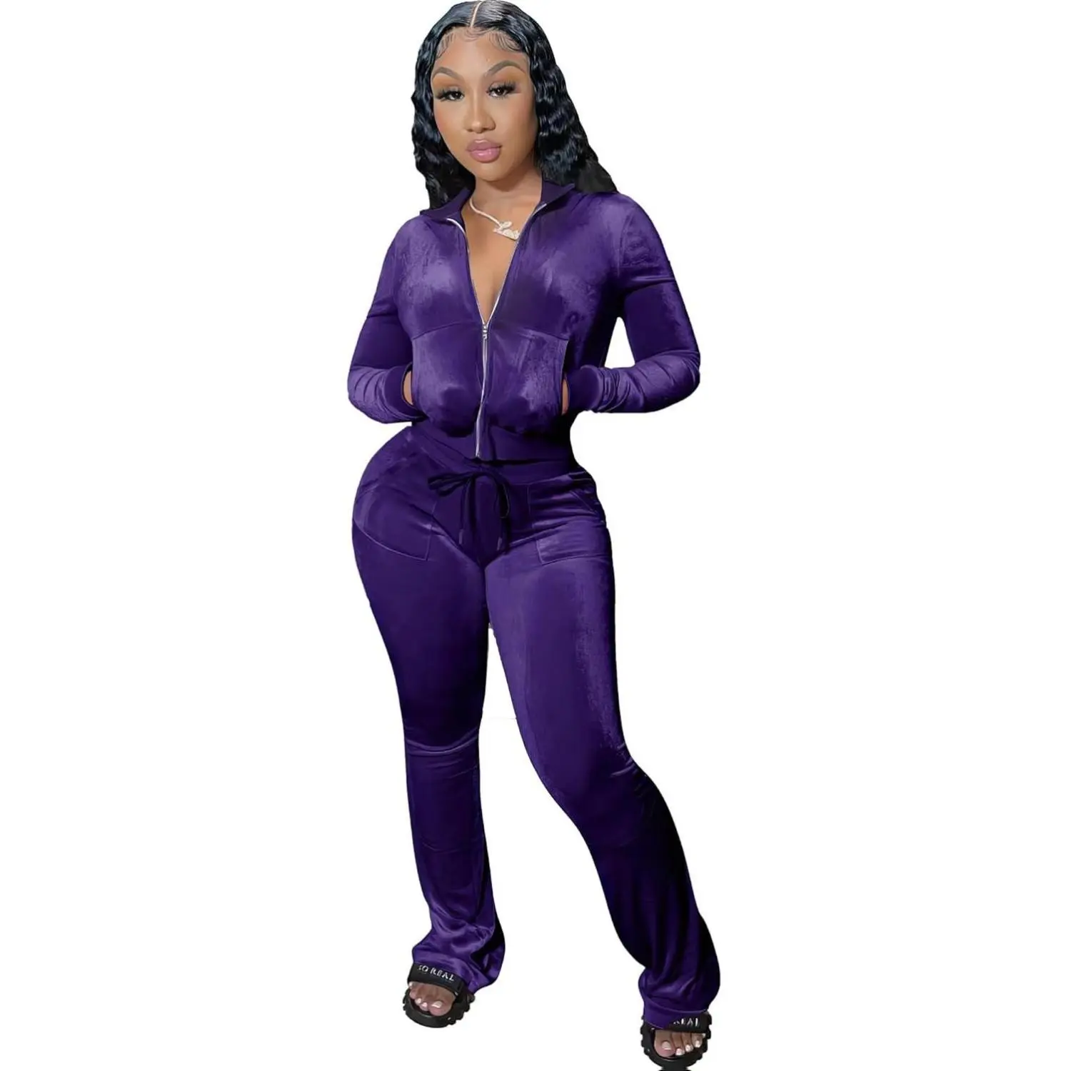 yidengymx Womens 2 Piece Velour Tracksuit Two Piece Outfits for Women Long Sleeve Zip Up Crop Tops Sweatpants Sets Pockets