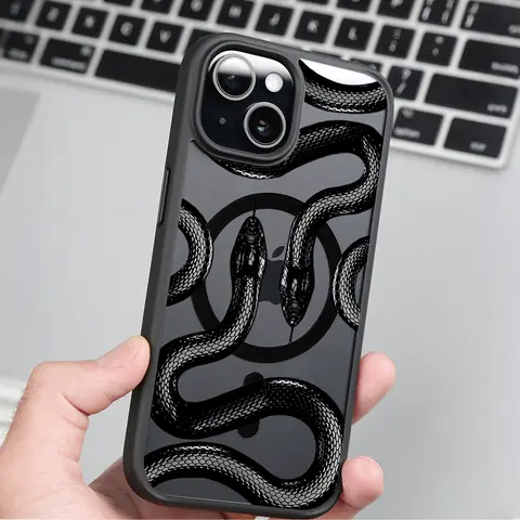Black Snake Clear Magnetic Phone Case , Compatible with MagSafe Silicone Bumper Protective Cover For iPhone X XR 11 12 13 14 15 16 17 Pro Max Plus Air