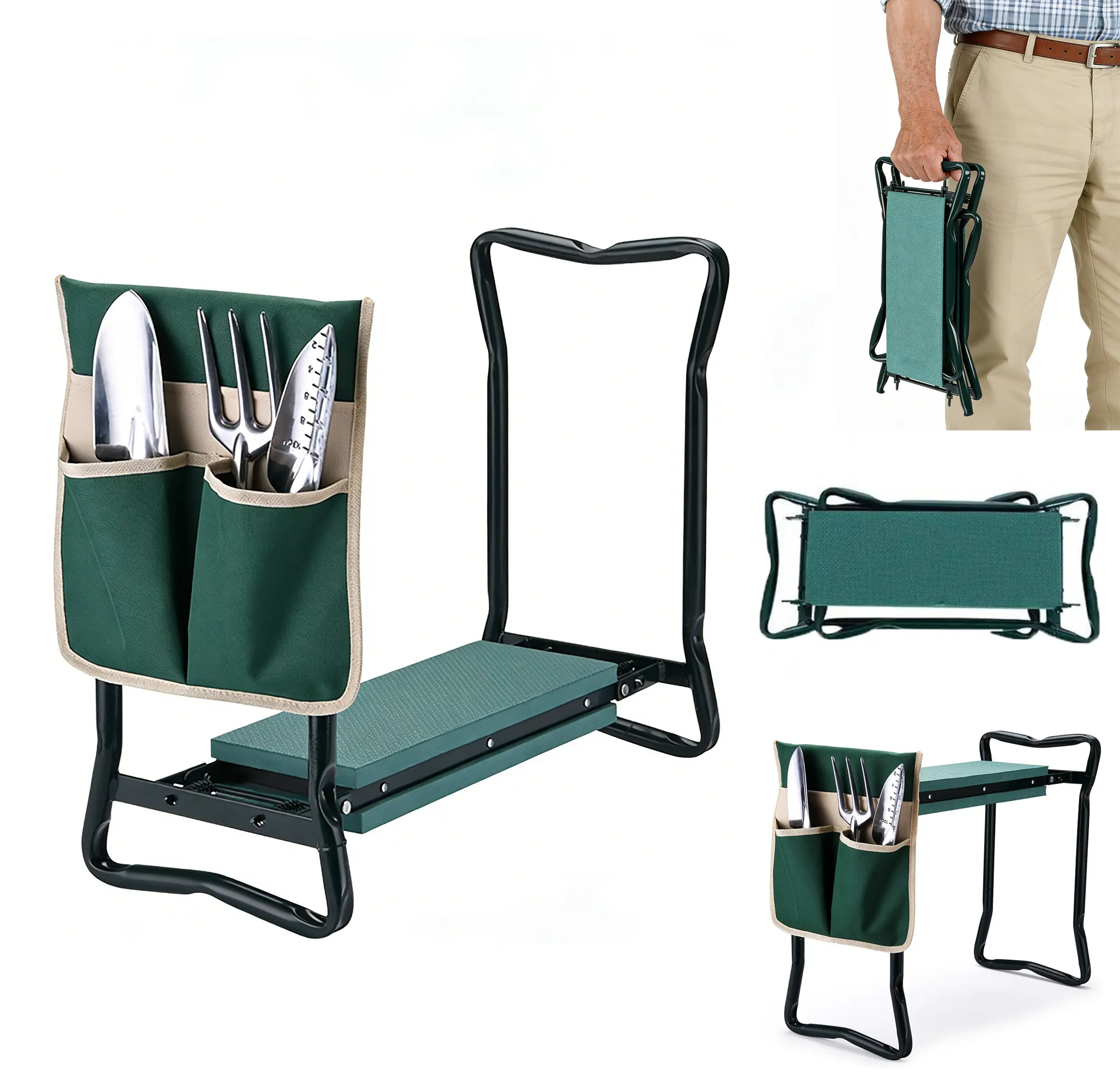 2-in-1 Garden Kneeler & Seat, Heavy-Duty Foldable Stool with EVA Foam Cushion, Metal Frame, 1 Tool Pouch - Portable Garden Gear with 2-in-1 Functionality, Stability, All Ages Fit for Outdoor Tasks, Relieves Aches, Support, 49 Cm × 61 Cm × 27 Cm