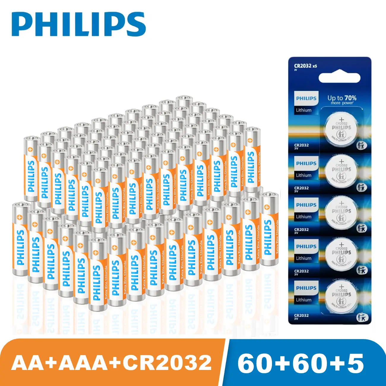 Philips Batteries Combo Pack - 60 AA, 60 AAA Carbon Zinc, 5 PCS CR2032 3V Lithium Coin Cells, Leak-Proof Long-Lasting Power for Remote Controls, Toys, Household Devices (60AA＋60AAA＋5PCSCR2032)