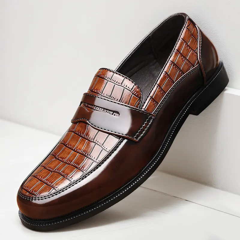 Men's Croc-Embossed Leather Penny Loafers, Slip-On Dress Shoes82687
