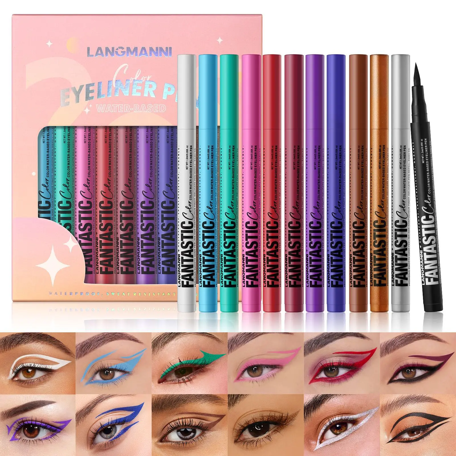 LANGMANNI Liquid Eyeliner Pen Set, Waterproof Long-Lasting Smudge-Proof Colorful Eyeliner, Ultra Pigmented Matte Quick-Dry Eye Liner for Creative & Daily Eye Makeup Cosmetic Gift Set