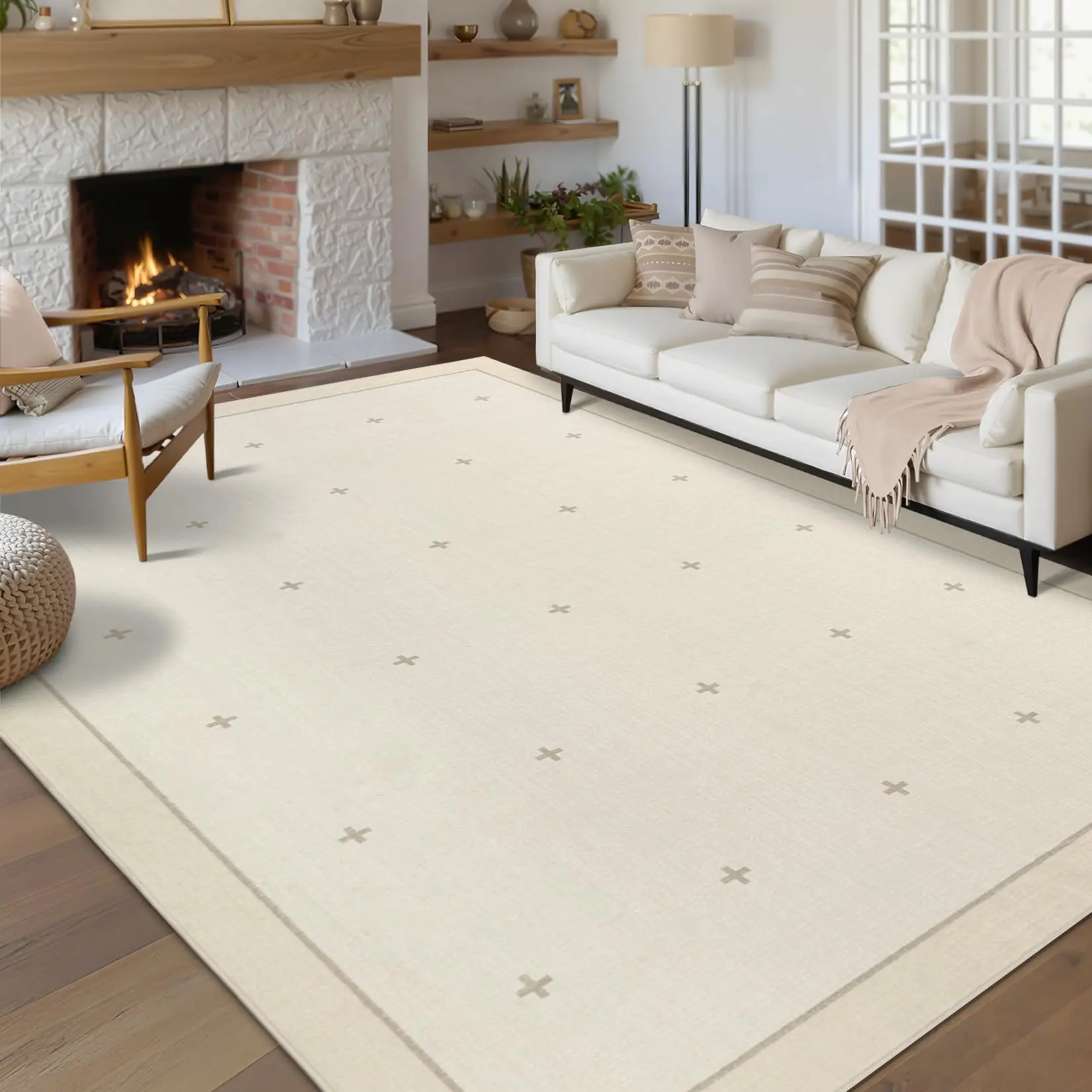 Washable 8x10 Area Rugs for Living Room Non Slip Soft Solid Beige Bedroom Rugs Low Pile Foldable Bordered Large Area Rug Stain Resistant Carpet for Nursery Dining Room Playroom, Beige