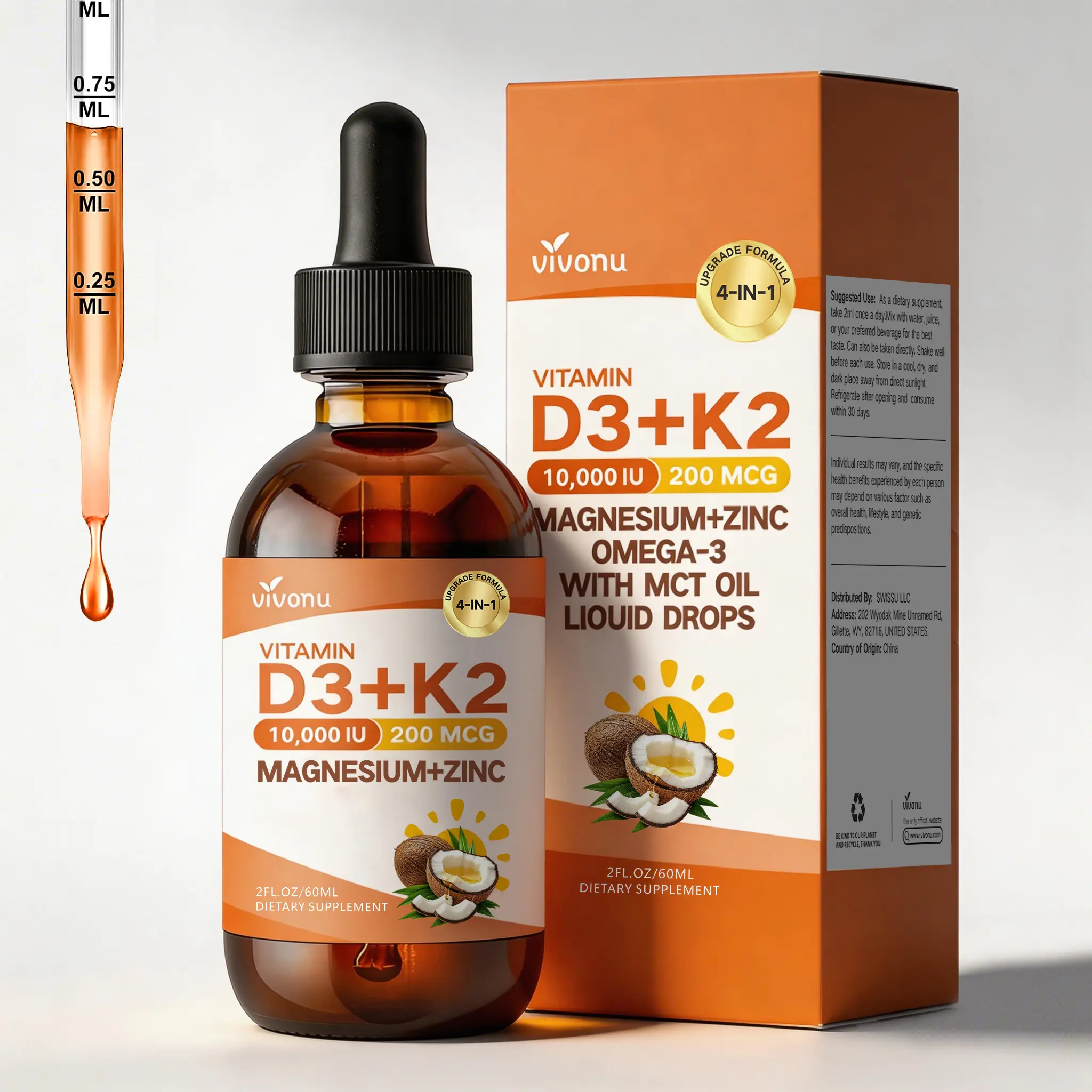 VivoNu D3+K2 Liquid Drops Magnesium + Zinc Omega-3 with MCT Oil 4-in-1 Dietary Supplement for Daily Bone and Immune Health Support One Bottle Lasts 30 Days