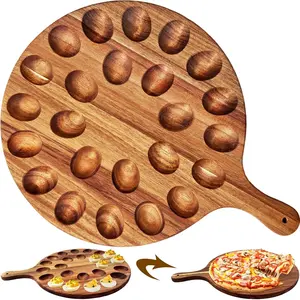 Deviled Egg Platter,Wooden Deviled Egg Tray,Reversible 24 Holes Round Egg Holder Container Charcuterie Board for Kitchen Countertops,Serving Tray(Acacia Wood)