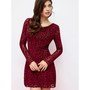 Cider Mesh Heart Boat Neck Bell Sleeve Flocking Mini Dress SwimWeek
