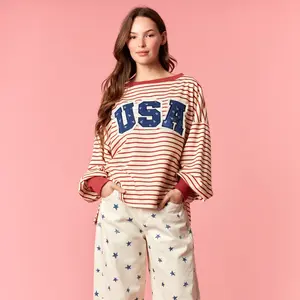 Ditsy Flower Print Twill 'USA' Patches on Top Stripe Printed French Terry Sweatshirt