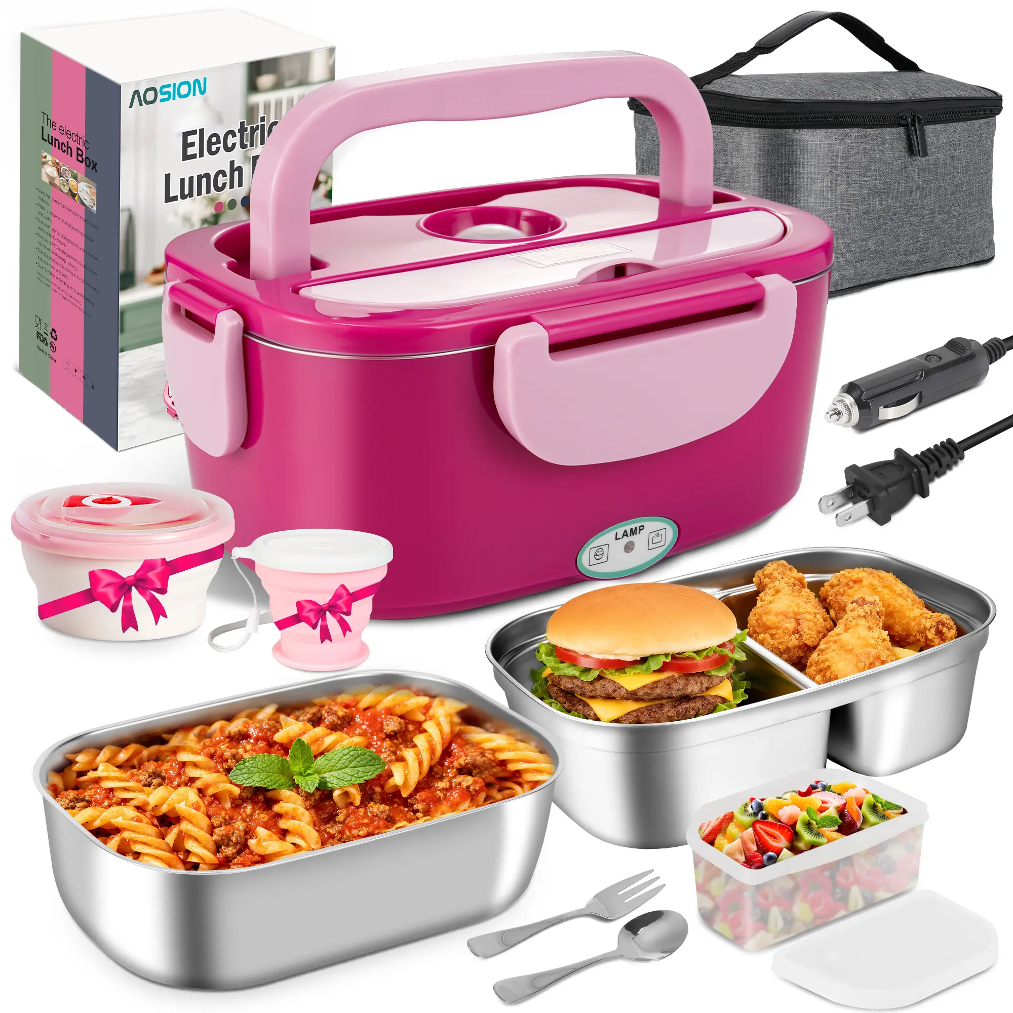 Electric Heated Lunch Box for Adults, 4 IN 1 Heating Lunch Box with 2 Pack 1.5L Container, 80W Lonchera Eléctrica Portátil, Food Warmer for Car/Truck/Office, Gift for Women