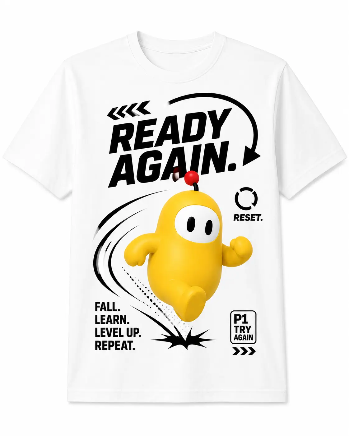 MiniGame Funny Character Graphic Tee, Ready Again Challenge Shirt, Level Up Motivation T Shirt, Retry Gaming Design Apparel, Fall Learn Repeat Cartoon Clothing, Gamer Mindset Streetwear Top, Casual Short Sleeve Unisex Shirt for Teens Adults Daily Wear