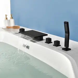 Roman Bathtub Faucet Set 2-Handle 5 Holes Deck Mount Tub Faucet with Hand Shower and Waterfall Spout in Matte Black | Brushed Nickel | Brushed Gold