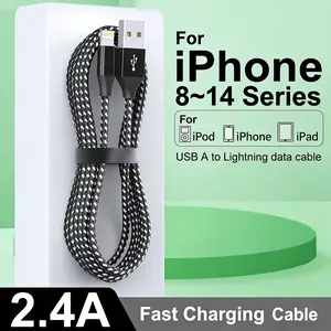 2.4A Lightning Data Cable, 10ft long, suitable for iPhone charging, nylon braided, supports fast charging and high-speed data synchronization, USB data cable, compatible for iPhone 14/13/12/11 Pro Max/XS Max/7 Plus,black and white.