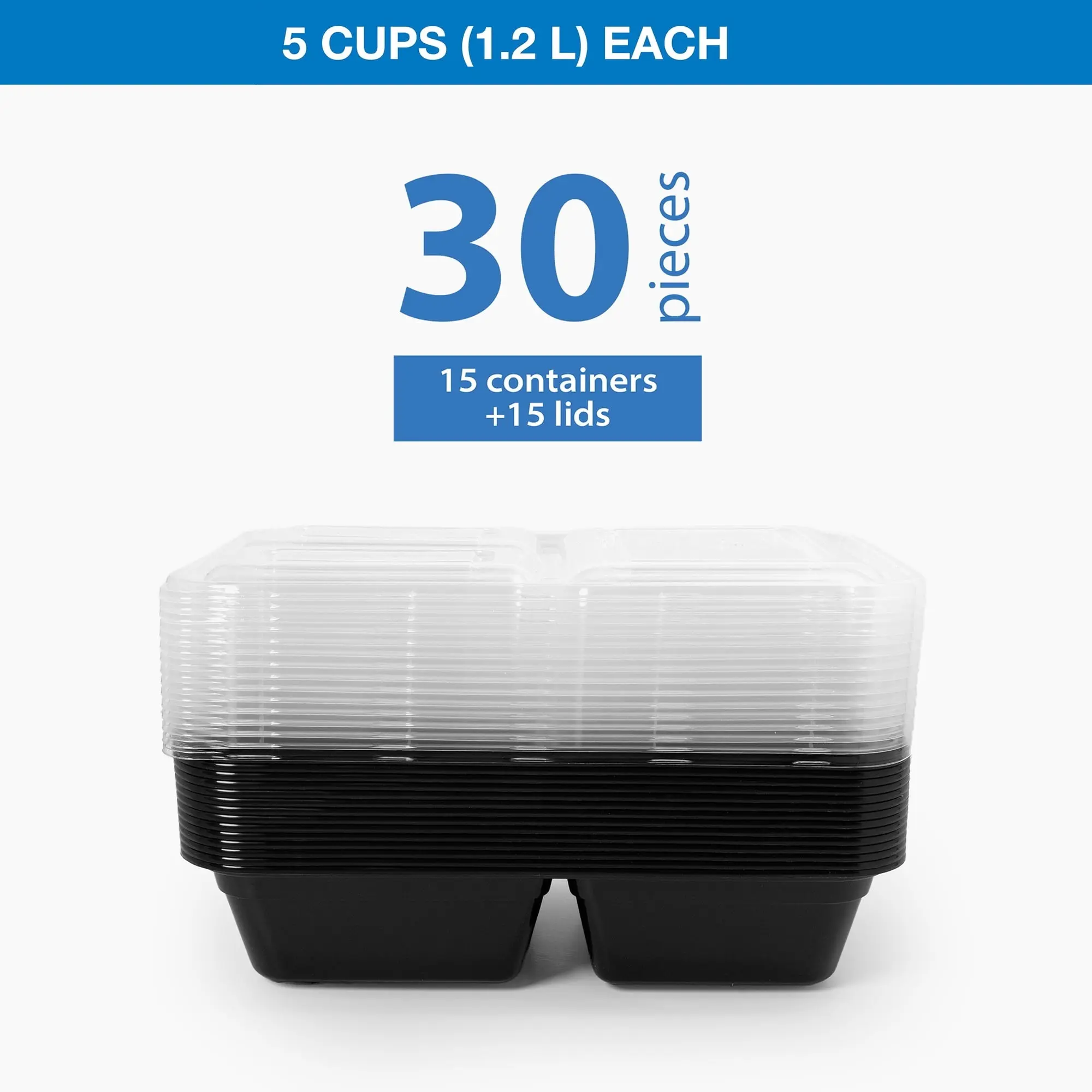 Kitchen 3-Compartment Plastic Meal Prep Containers, 15-Piece Stackable Set with Lids, 1.2L BPA-Free Leak-Resistant Bento Boxes for Kitchen Utensils & Food Storage, Black