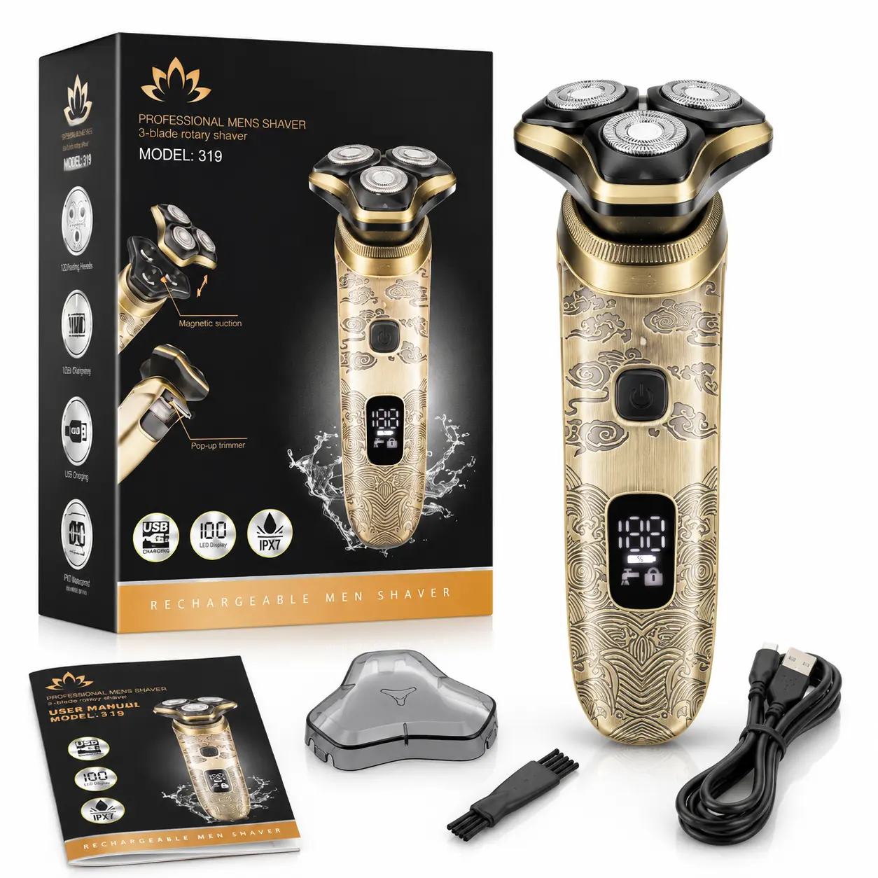 AMULISS Mens Cordless Electric Rotary Shaver, Retro  Embossed 3 Floating Head Shaving Razor, IPX7 Fully Washable Wet Dry Shaver with Travel Lock, LED Battery Indicator & Cleaning Reminder, Type-C Quick Charge Grooming Gift Kit