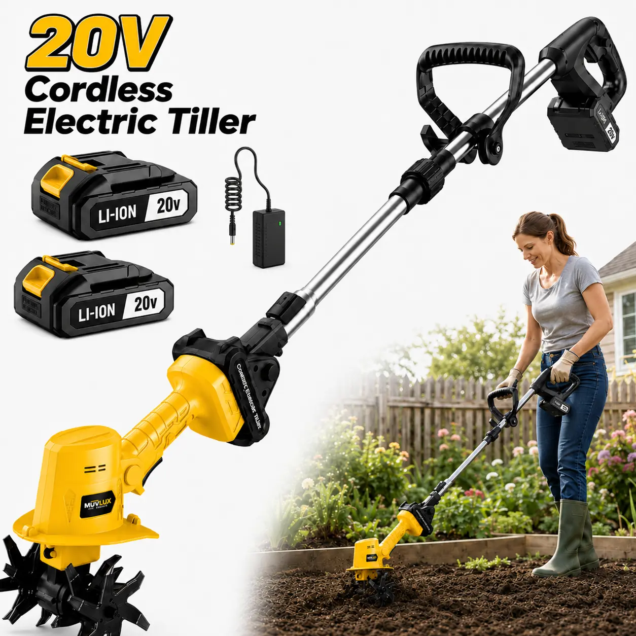 20V Cordless Electric Tiller Cultivator with 2 Li-Ion Batteries, Adjustable Telescopic Pole, Lightweight Garden Rototiller for Soil Loosening, Weeding, gardening, Flower Beds, Vegetable Gardens and Yard Planting
