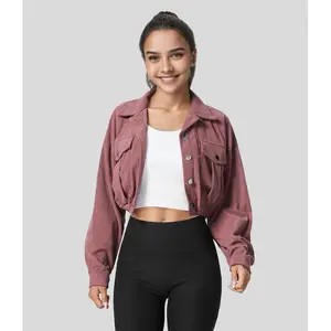 Halara Collared Button Pocket Cropped Corduroy Casual Jacket