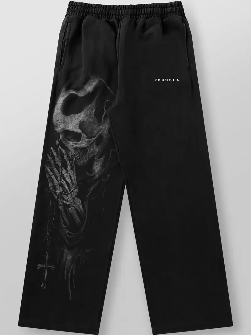 YounLAA Gothic Skull Graphic Wide Leg Sweatpants Unisex Relaxed Fit Fleece Casual Streetwear Lounge Athletic Pants