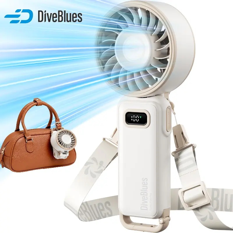 DiveBlues D6036 Handheld Rechargeable Cooling Fan - 5-in-1 Foldable Turbo, 100-Gear Adjustable Speed, 15-Hour Battery, Ultra-Compact Powerful Modern Multi-Speed Portable Fan for Summer Travel, Indoor Office Desk, Modern Portable Fans