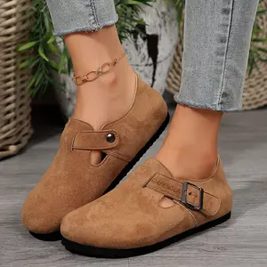 Womens Artistic Retro Clogs Cork Footbed Suede Light Slippers Potato Shoes with Adjustable Buckle
