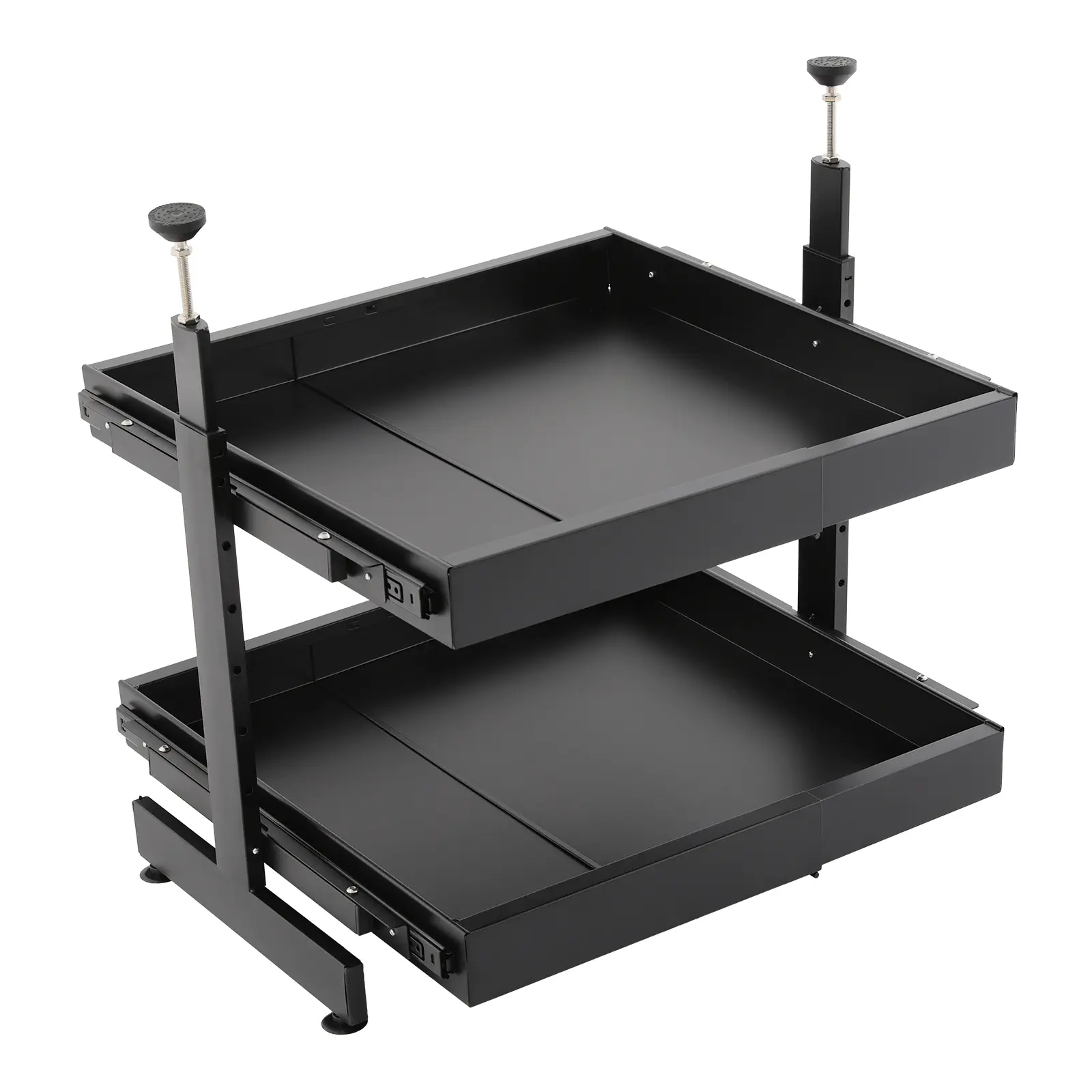 Adjustable double-layer pull-out cabinet storage rack (black powder-coated carbon steel), suitable for under-sink storage in kitchens, bathrooms, and garages; smooth sliding action and high load capacity.