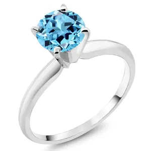 Gem Stone King 14K White Gold Swiss Blue Topaz Solitaire Engagement 4-Prong Ring For Women | 1.00 Cttw | Round 6MM | Gemstone November Birthstone