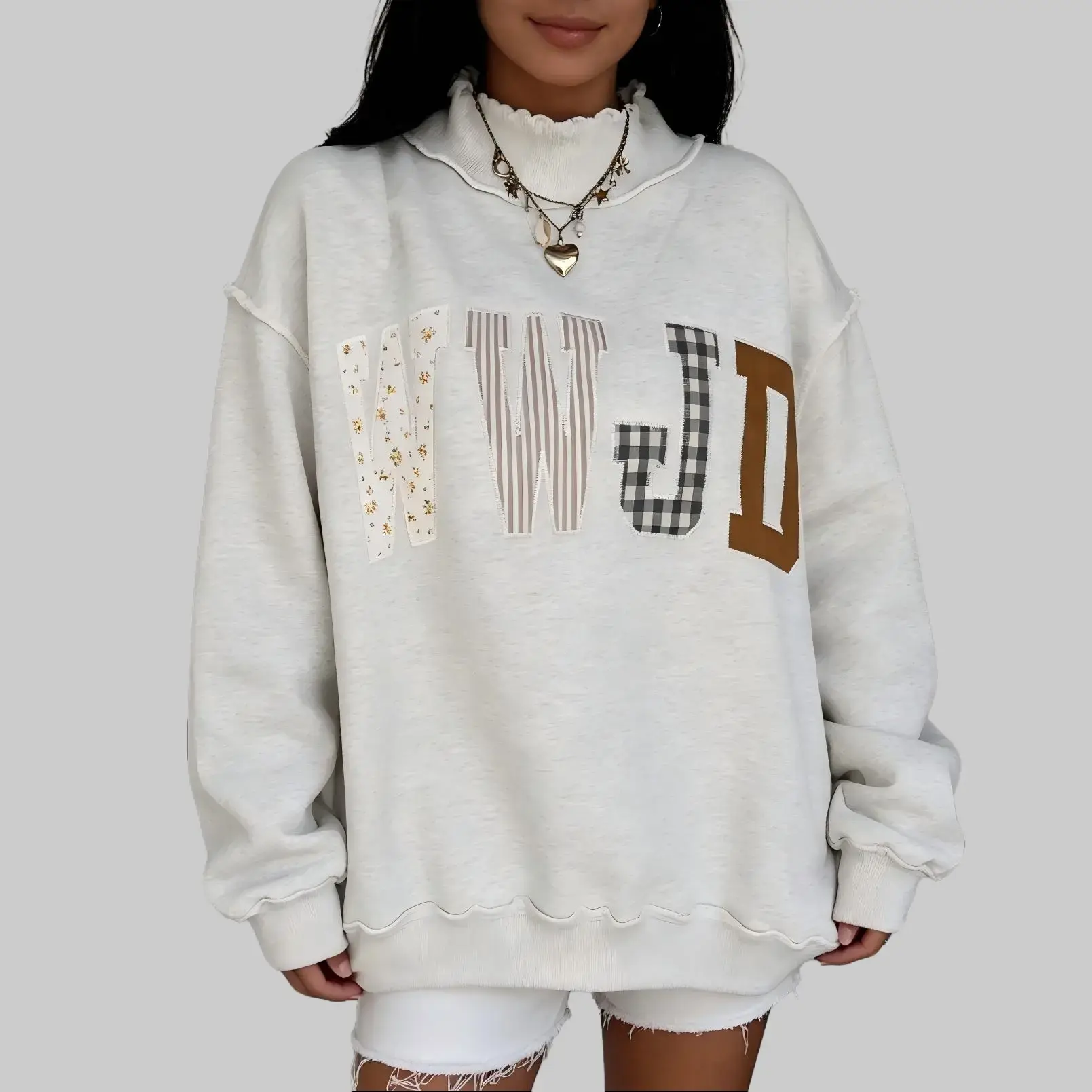 S-4X Plus Size Gray WWJD Mixed Print Embroidered Patch Mock Neck Sweatshirt, Women Cozy Western Crewneck Sweatshirt, 50% Cotton 50% Polyester Casual Fashion Apparel Long Sleeve Women’s Tops