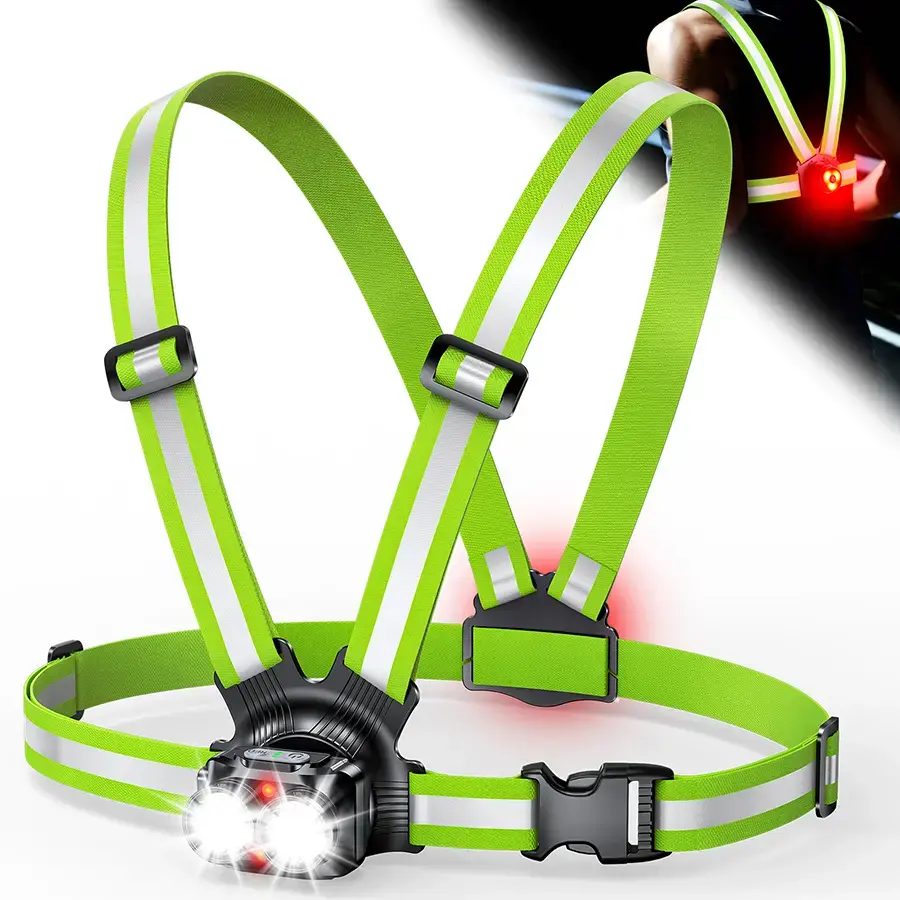 Running Light, 500 Lumen Running Lamp with 360° Reflective Double Strap Harness, USB-C Rechargeable, IP Waterproof & 45° Adjustable Chest Light for Walking, Hiking, Camping