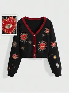 Women's V-Neck Button-Up Knit Cardigan Knitwear, Cropped Loose Fit Long Sleeve with Love Sun Star Embroidery, Ribbed Detail for Fall Winter