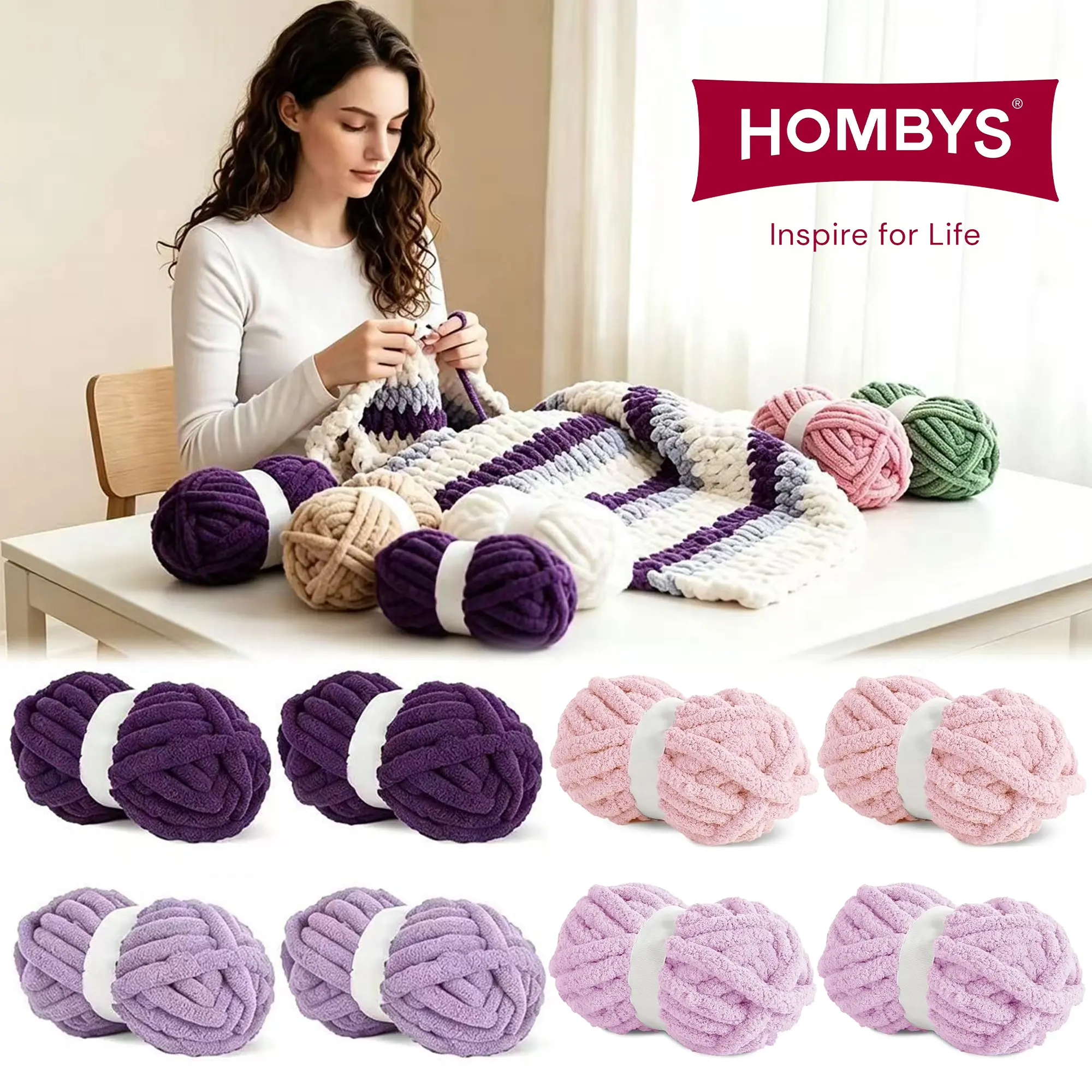 HOMBYS Chunky Chenille Yarn Set for Hand Knitting - Super Soft Jumbo Bulky Yarn for Crochet, Kids, Teens, Moms Crafting - Ideal for Rugs, Blankets (27yds, 8 oz Each Skein)