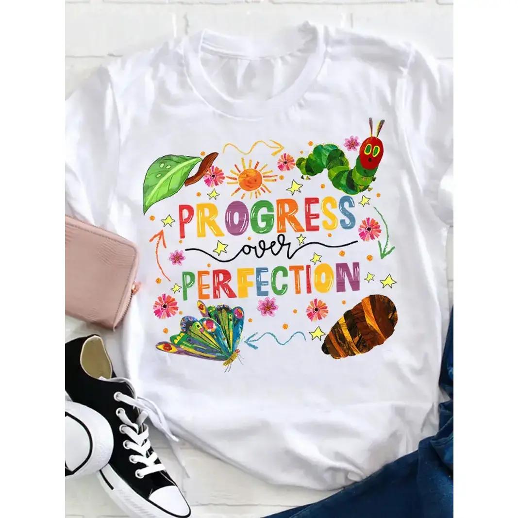 [Caterpillar Teacher T Shirt] Caterpillar Progress Over Perfection Women's Casual Teacher T Shirt, Round Neck