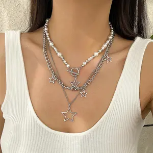 Star Y2k Silver Necklace Grunge Layered Necklace Cute Aesthetic Stack Toggle Chain Necklaces Gothic Vintage Emo Jewelry Set for Women