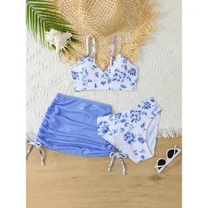 New Style Triangle Bikini Set for Big Kids and Teens: Top with Straps, High-Waisted Bottoms, and Sun-Protective Beach Skirt