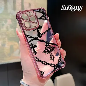 Four Corner Anti-Fall Gothic Cross Chain Pattern Phone Case for iPhone 16 Pro Max 15 Plus 14 13 12 11 E Shockproof Transparent Electroplated Protective Cover