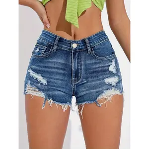 Vitality Blue Women's Stretch Denim Mid-Waist Shorts with Distressed Frayed Hem & Knee Rips Casual Spring Summer Bottoms Plus Size Baggyjorts Woven