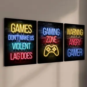 Game Neon Sign Gaming Canvas Painting with Frame, 3 Counts Modern Artwork Wall Decor, Wall Art for Home Living Room Bedroom Office
