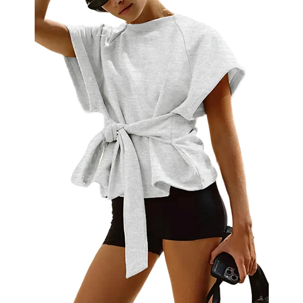 Mibbory Women's Tie Knot Wrap Short-Sleeve Sweatshirt Tee - 2026 Summer Lightweight Dropped Shoulders Crewneck Scoop Neckline, Cotton Blend, Front Bow, Machine Wash, Tie Detail, Casual Athleisure for Workout Lounging, Shortsleeve