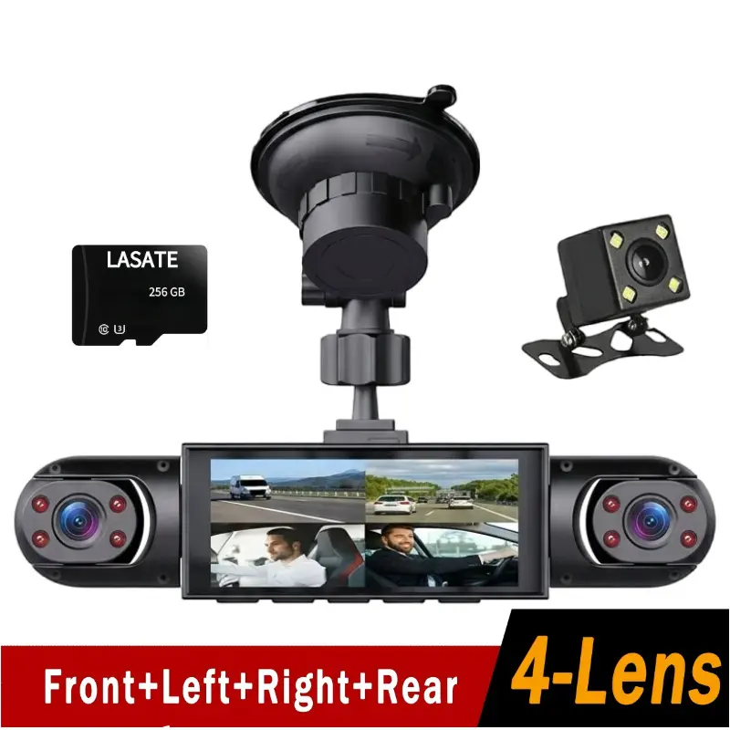 4-Channel Multi-Lens Dash Cam - Non-Wireless HD Video Recorder, 1080P Full HD Front Camera, 720P Rear/Left/Right Cameras, Super Night Vision, G-Sensor, Free 256GB Micro SD Card, Charging Cable Required for Car Owners