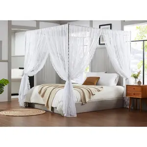 Lace Canopy Bed Curtains Set includes 8 48" x 78" White Canopy Curtains with Tie-Backs, Fits Queen or King Size Canopy Beds for Coquette Bedroom Decor