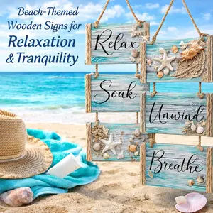 4Pcs Ocean Beach Wood Sign Set, Relax Soak Unwind Breathe Wall Art Hanging Wooden Decor for Living Room, Laundry Room, Spa, Bathroom, Coastal Farmhouse Home Decoration