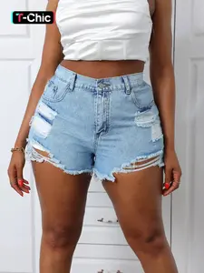 Plus Size Ripped High Waist Fitted Denim Shorts, Fashion Casual Pocket Button Shorts for Daily Outdoor Wear, Women Jeans Shorts for Summer