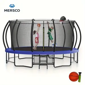 Mersco 15ft Upgraded Outdoor Trampoline with Safety Fence, Basketball Hoop & Ladder, Blue Pumpkin Design