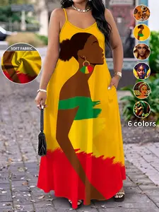 Plus Size Women's Long Dress, Womenswear Retro Chic Ethnic Print Halter Top, Loose Fit Slimming, with Pockets, Casual Daily Wear/travel