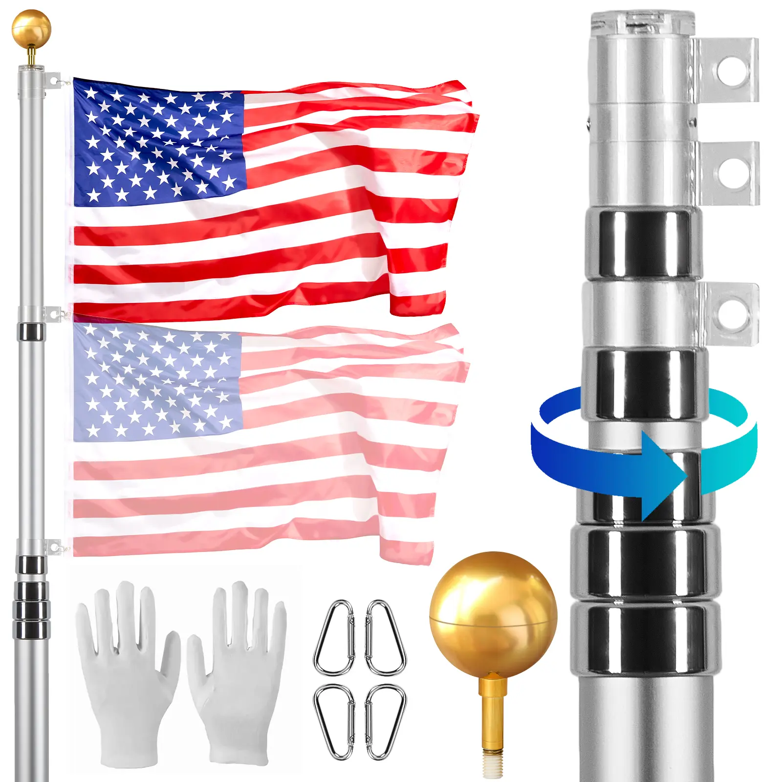 【Summerfinds】VEVOR 30FT Telescoping Flag pole Kit Heavy Duty Aluminum Alloy in Ground Flag Poles for Outside3 Display Modes Flagpole with 3x5 American FlagProfessional AccessoriesSilver Banners Lightweight, Adjustable, Outdoor, Durable,campingessential, B