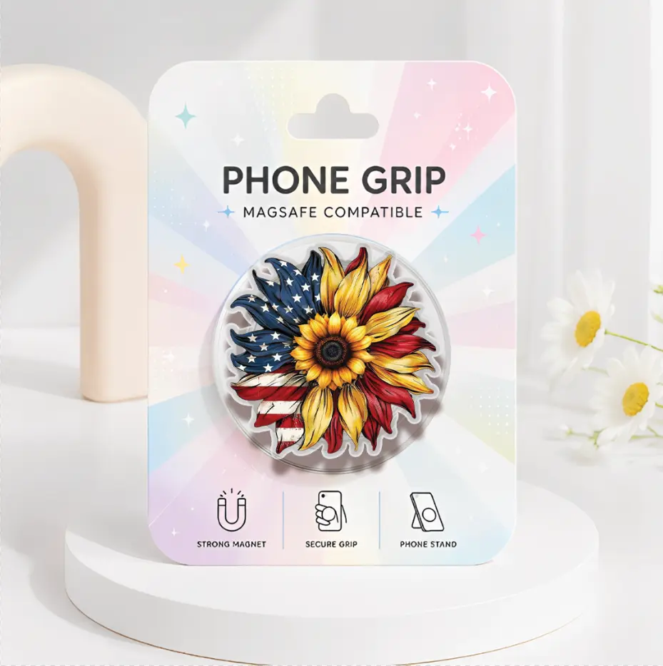 Patriotic Sunflower Phone Grip MagSafe, American Flag Sunflower Griptok, USA Pride Phone Accessories, Cute Floral Flag Pop Socket, USA Sunflower Phone Holder