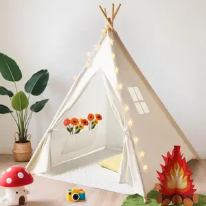 Teepee Tent for Kids Foldable Teepee Play Tent with Carry Case, Banner, Fairy Lights, Olives Branches, Four Poles Style Raw White Color, Perfect Christmas Gift for Boys, Girls, TikTokShopHolidayHaul