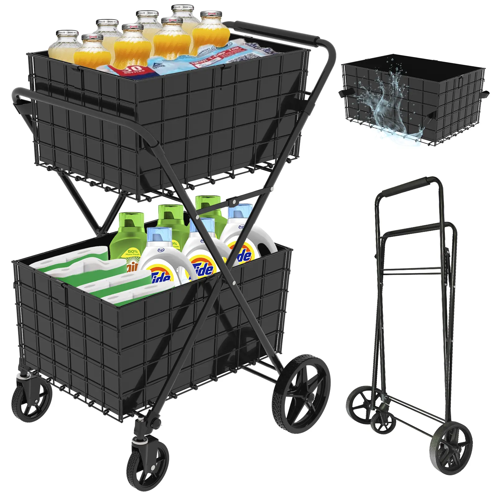 Jumbo Steel Frame Collapsible Shopping Cart - 2-Layer Rolling Cart Organizer with Double Basket, 360° Swivel Wheels for Grocery Storage, Laundry